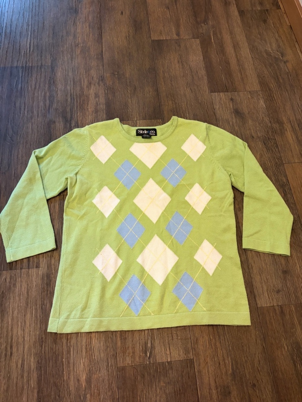 Style & Co Women's Petite Small 90s Preppy Green Argyle 3/4 Sleeve Sweater - Picture 2 of 8